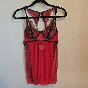 Red & Black Lace Sheer Babydoll Chemise with Cut-Out Back XL